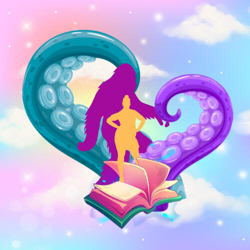Logo Square for May Furhst. A digital graphic depicting an open book floating on a star-and-cloud-filled, rainbow-colored sky background. Coming out of the book are a series of figures, including 2 octopus tentacles in the shape of a heart, a Sasquatch, an